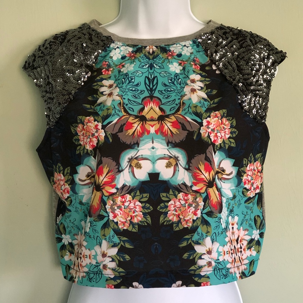 Xhilaration botanical and sequined crop top NWT